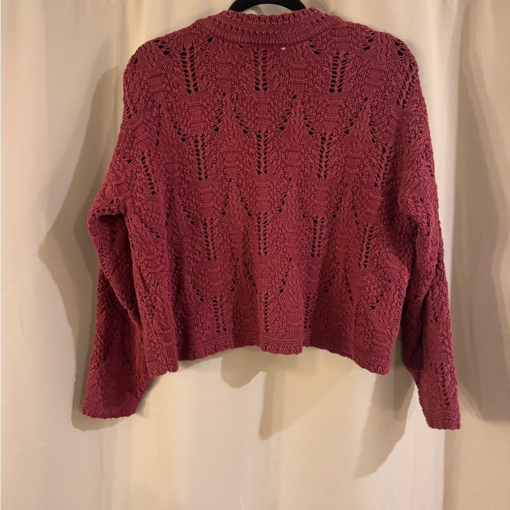 Absolutely Cotton Raspberry Open-Knit V-Neck Sweater - Picture 2 of 6